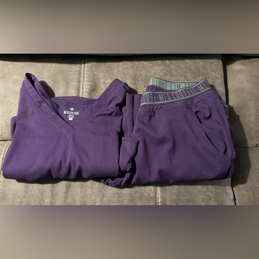 Med Couture Eggplant Scrubs. Top XL and Pants L petite. Never worn.